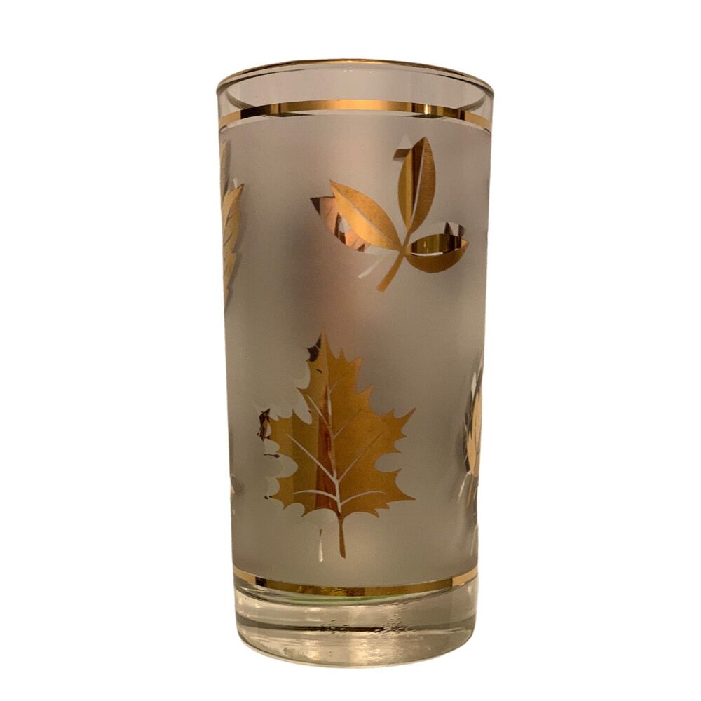 Mid-Century Libbey "Golden Foliage" Frosted Metallic Gold Glassware | Set of 8